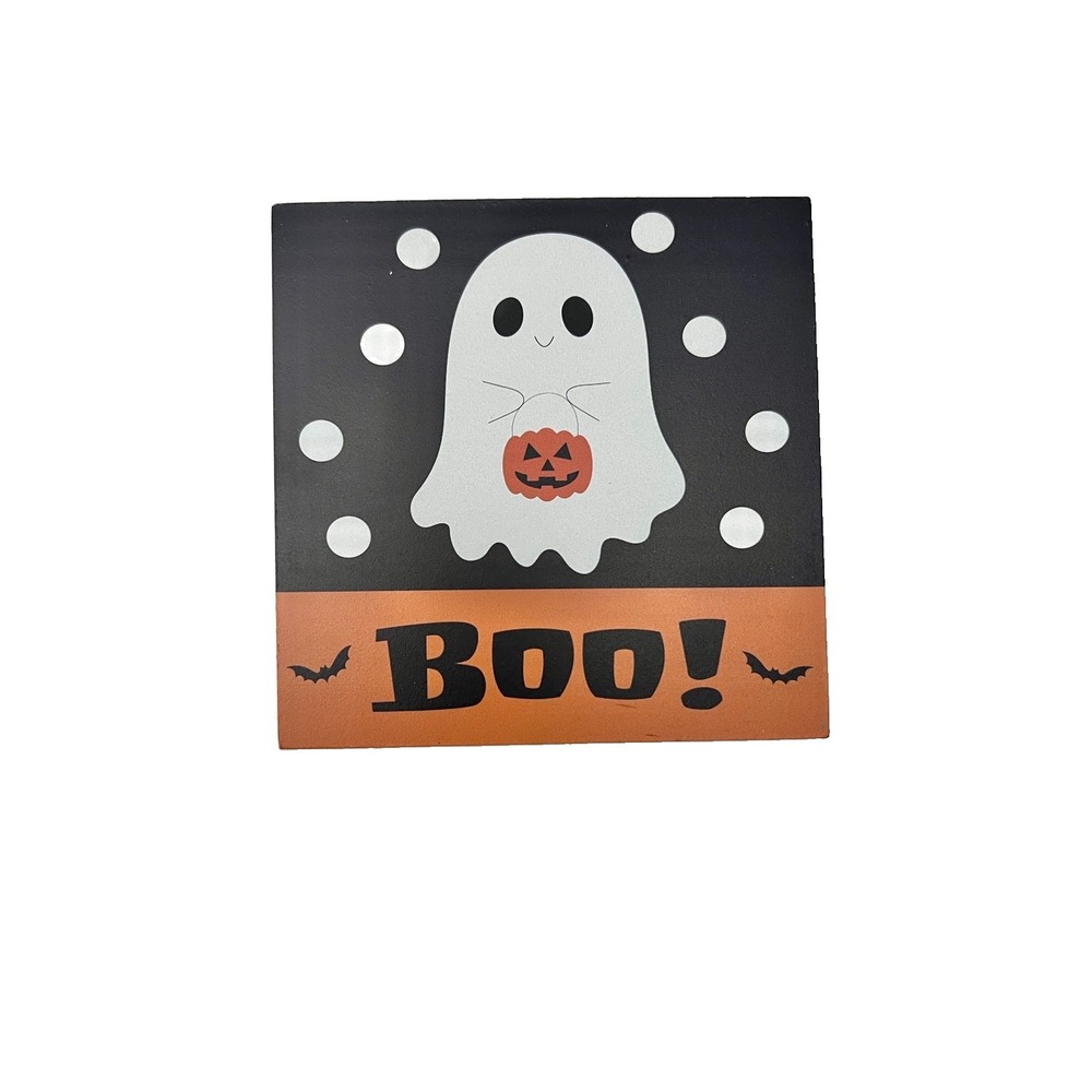 Boo Halloween Ghost Freestanding Wood Sign Desk Shelf Decor Holiday Accessory - Picture 3 of 6